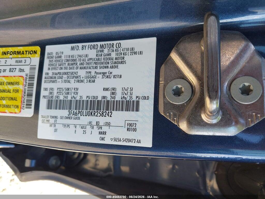 3FA6P0LU0KR258242 2019 FORD FUSION HYBRID photo no. 9