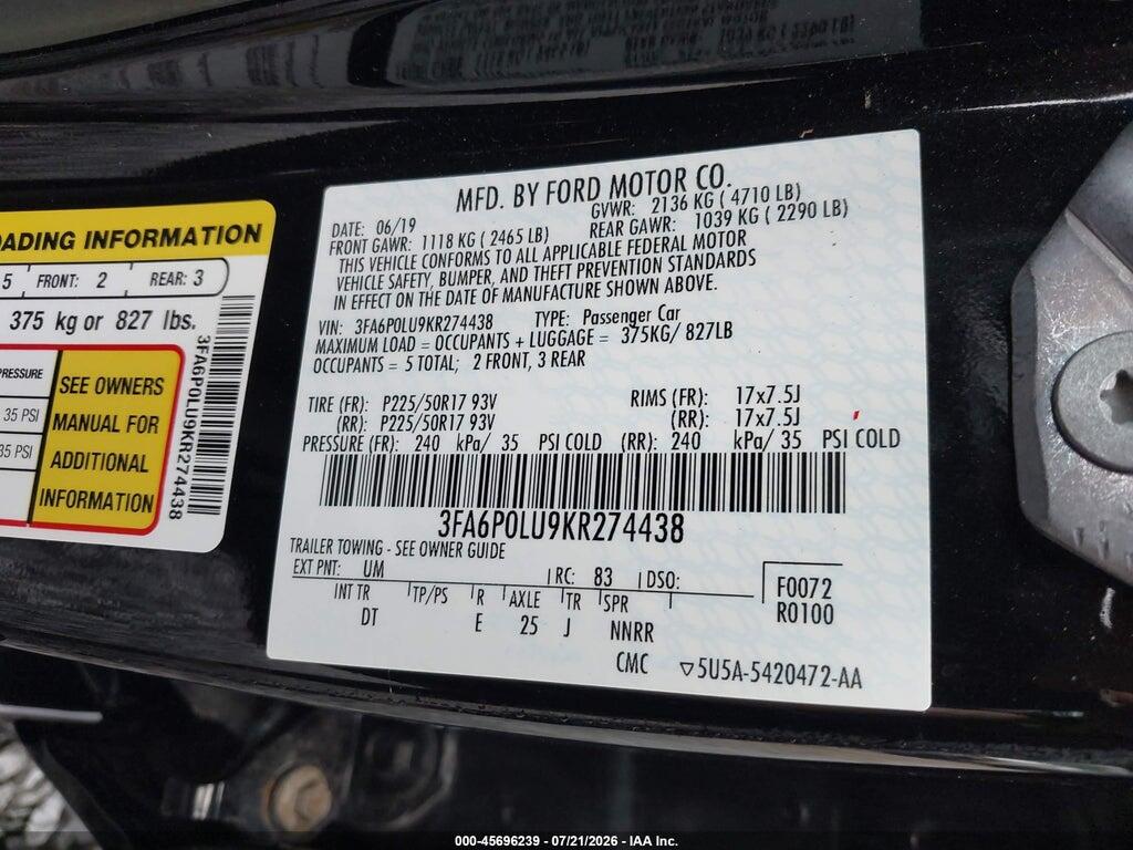3FA6P0LU9KR274438 2019 FORD FUSION HYBRID photo no. 9