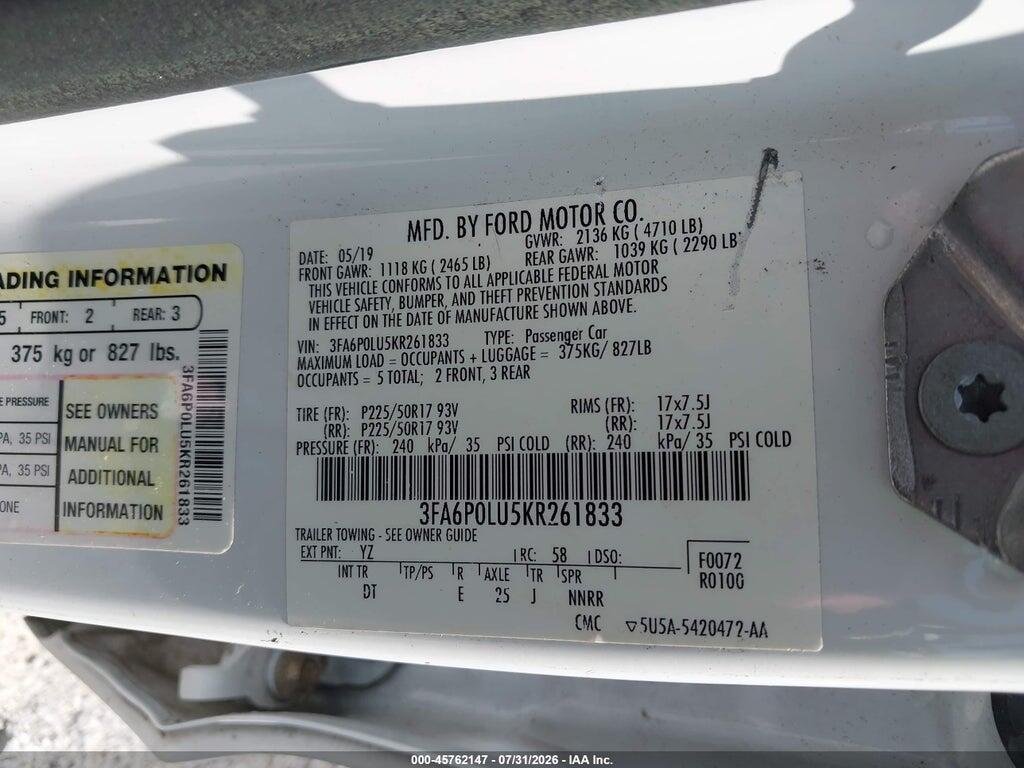 3FA6P0LU5KR261833 2019 FORD FUSION HYBRID photo no. 9