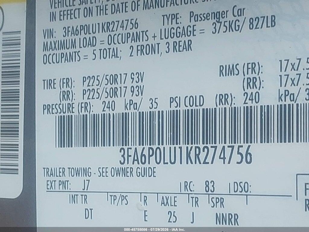 3FA6P0LU1KR274756 2019 FORD FUSION HYBRID photo no. 9