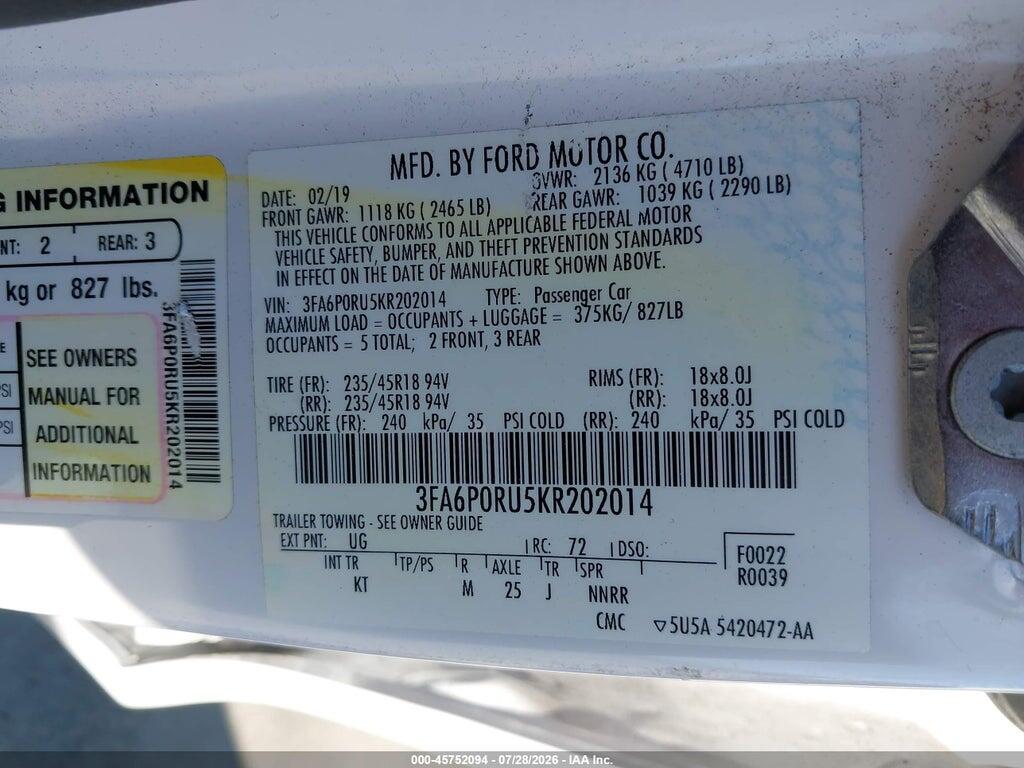 3FA6P0RU5KR202014 2019 FORD FUSION HYBRID photo no. 9