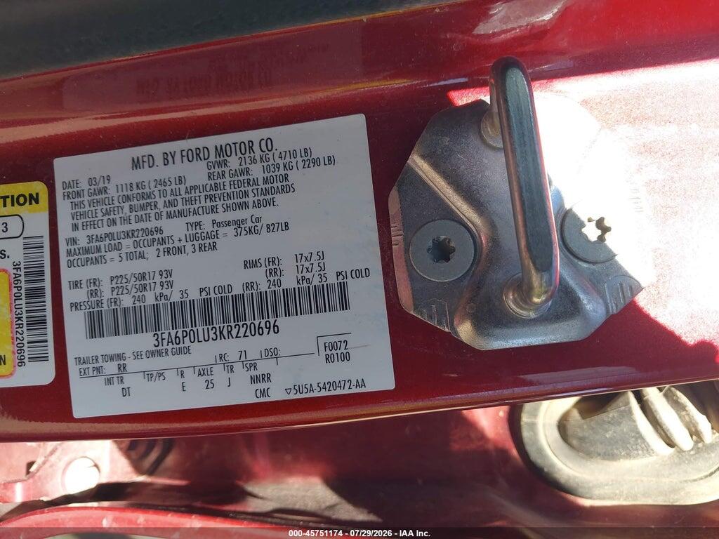 3FA6P0LU3KR220696 2019 FORD FUSION HYBRID photo no. 9