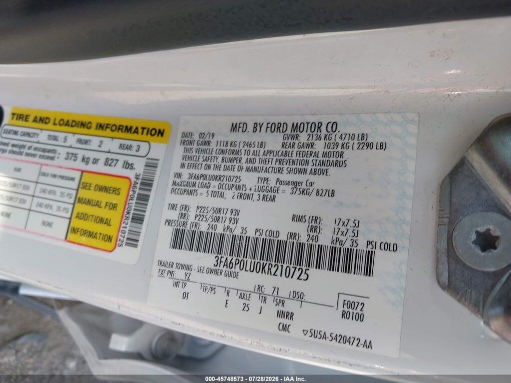 3FA6P0LU0KR210725 2019 FORD FUSION HYBRID photo no. 9