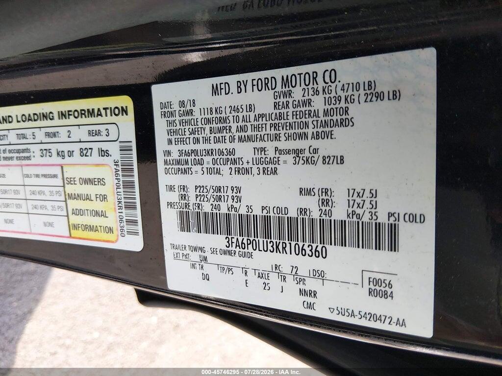 3FA6P0LU3KR106360 2019 FORD FUSION HYBRID photo no. 9