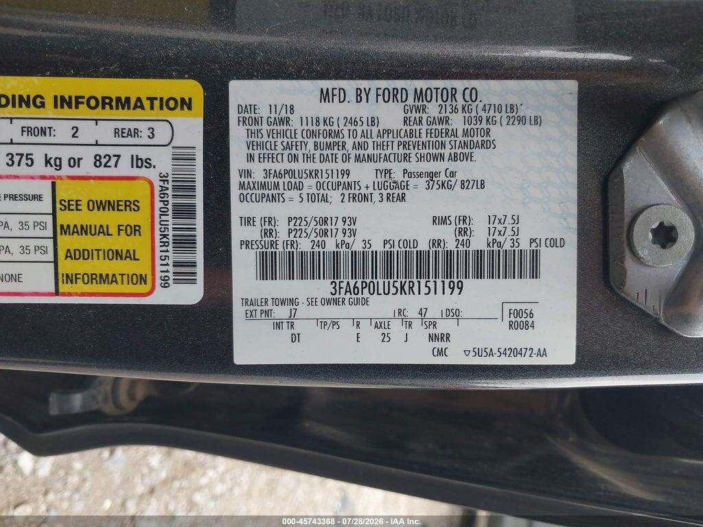 3FA6P0LU5KR151199 2019 FORD FUSION HYBRID photo no. 9