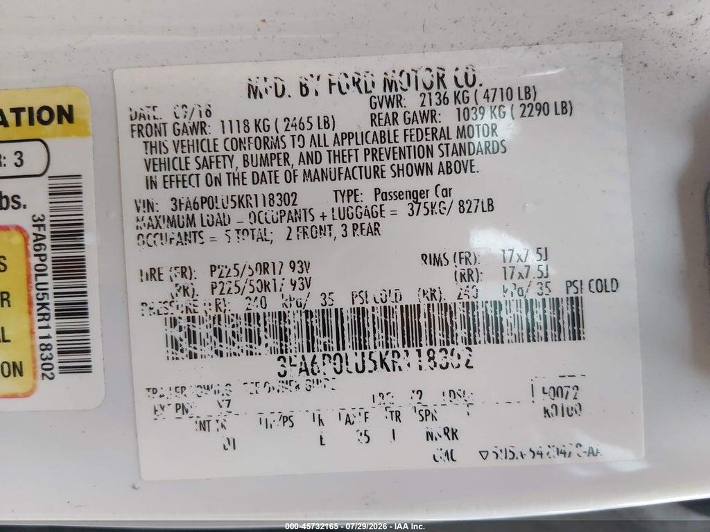 3FA6P0LU5KR118302 2019 FORD FUSION HYBRID photo no. 9