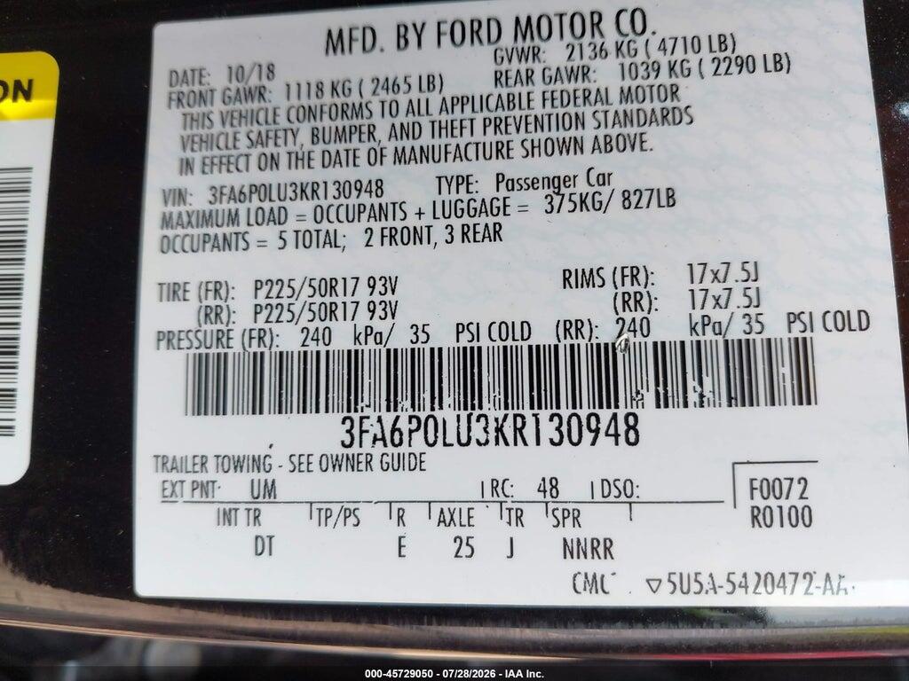 3FA6P0LU3KR130948 2019 FORD FUSION HYBRID photo no. 9