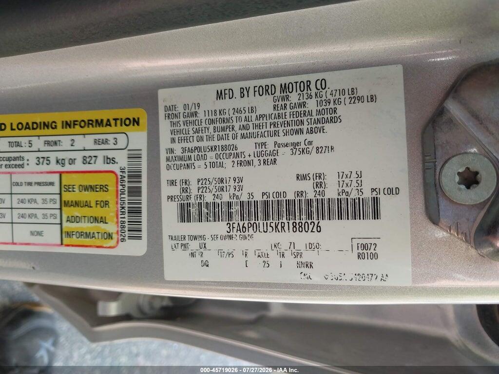 3FA6P0LU5KR188026 2019 FORD FUSION HYBRID photo no. 9