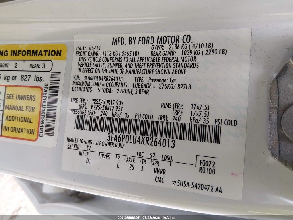 3FA6P0LU4KR264013 2019 FORD FUSION HYBRID photo no. 9