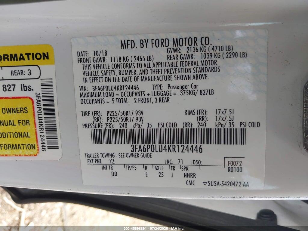 3FA6P0LU4KR124446 2019 FORD FUSION HYBRID photo no. 9