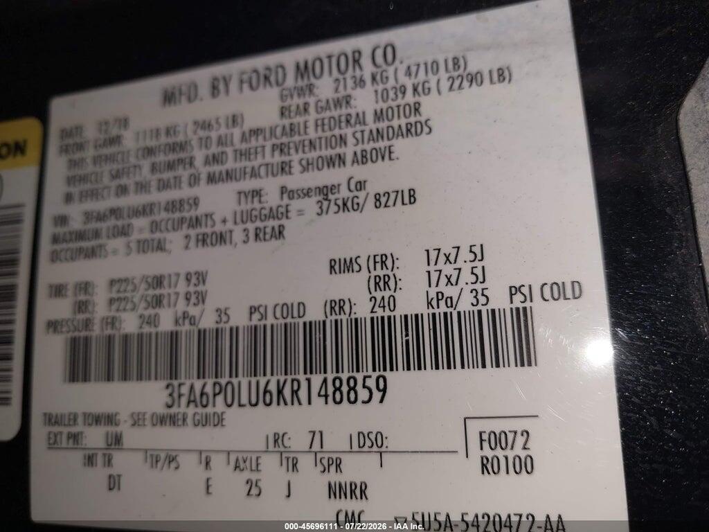 3FA6P0LU6KR148859 2019 FORD FUSION HYBRID photo no. 9