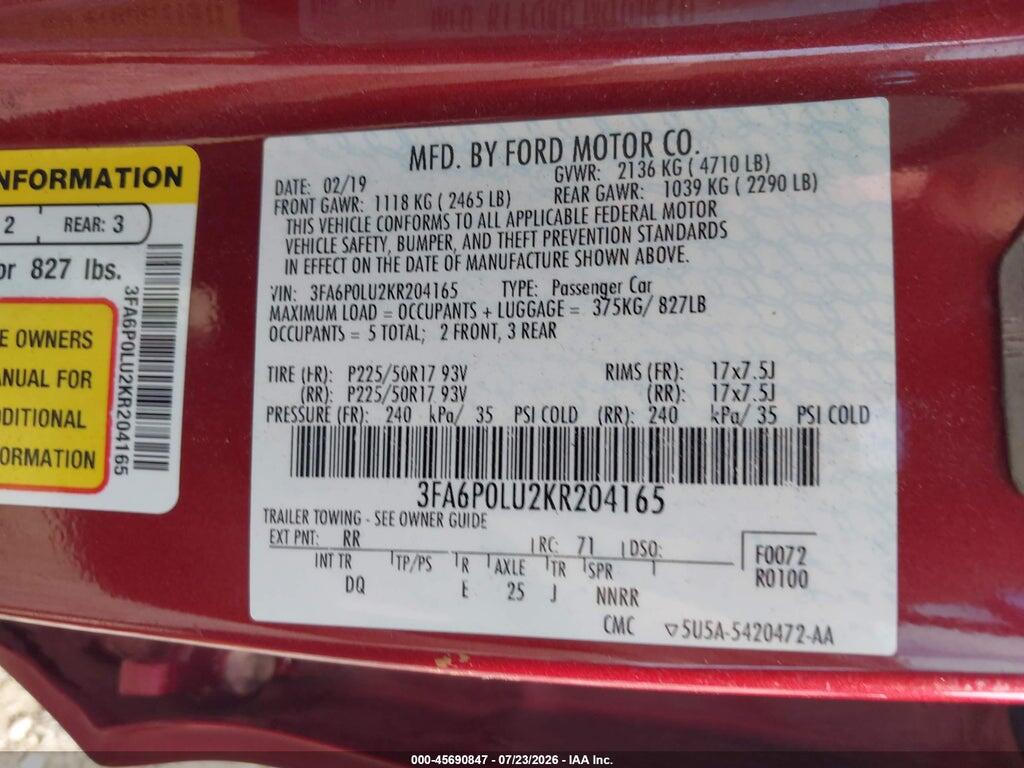 3FA6P0LU2KR204165 2019 FORD FUSION HYBRID photo no. 9