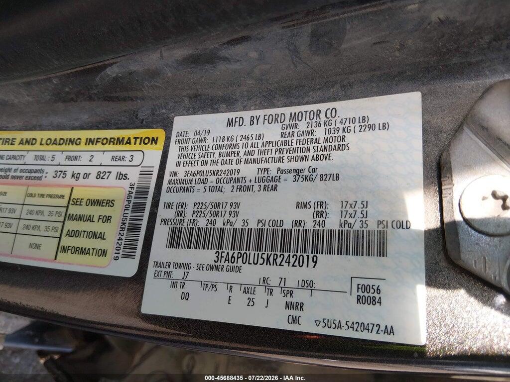 3FA6P0LU5KR242019 2019 FORD FUSION HYBRID photo no. 9
