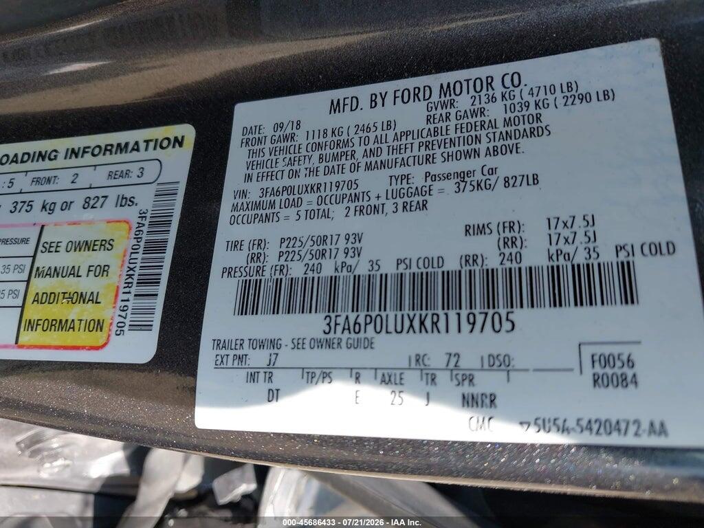 3FA6P0LUXKR119705 2019 FORD FUSION HYBRID photo no. 9