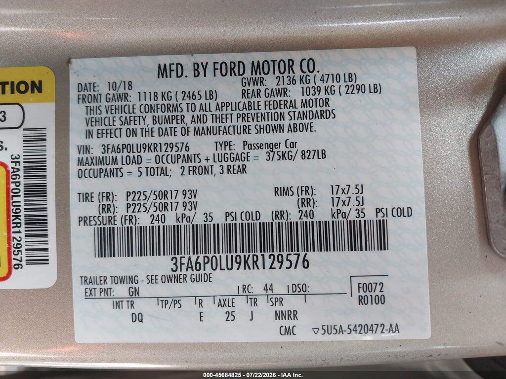 3FA6P0LU9KR129576 2019 FORD FUSION HYBRID photo no. 9