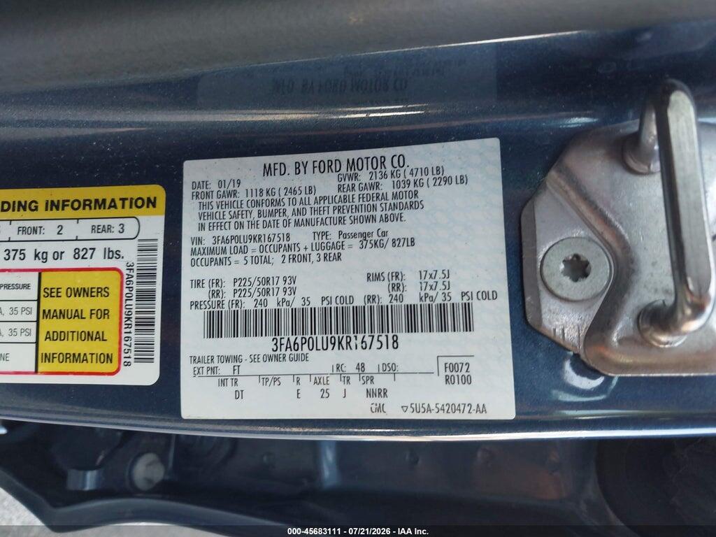 3FA6P0LU9KR167518 2019 FORD FUSION HYBRID photo no. 9