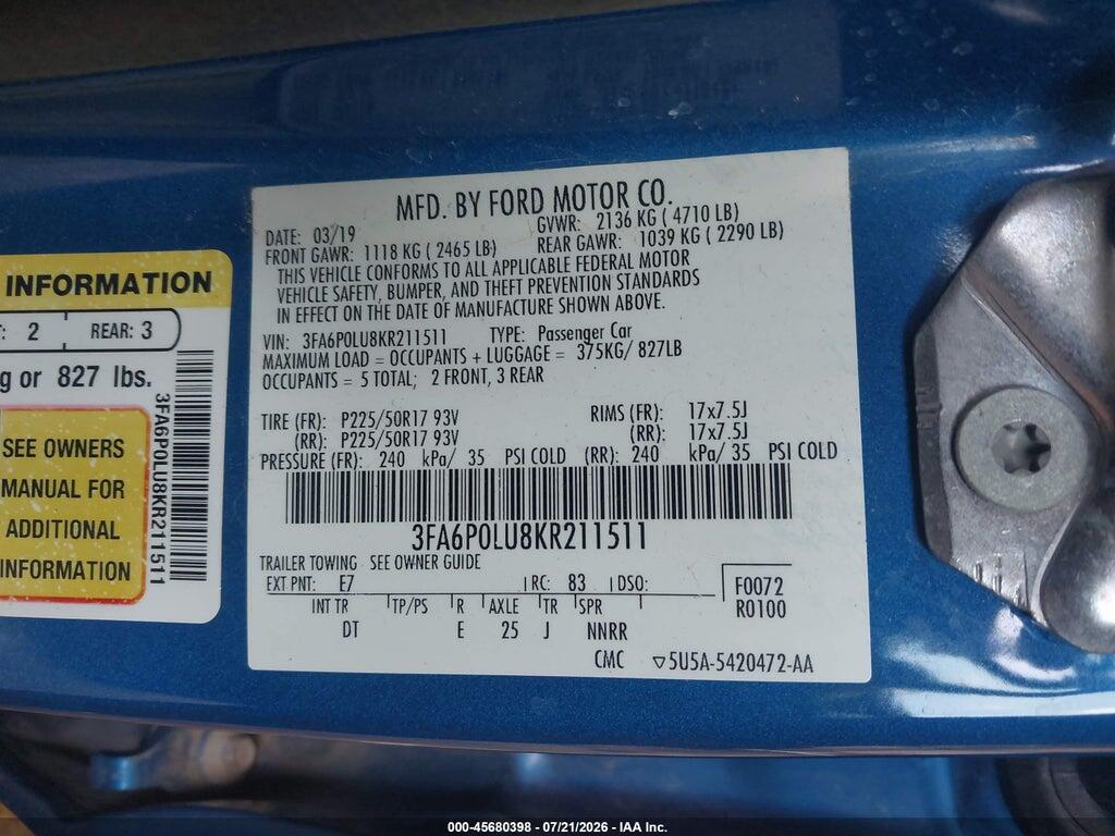 3FA6P0LU8KR211511 2019 FORD FUSION HYBRID photo no. 9