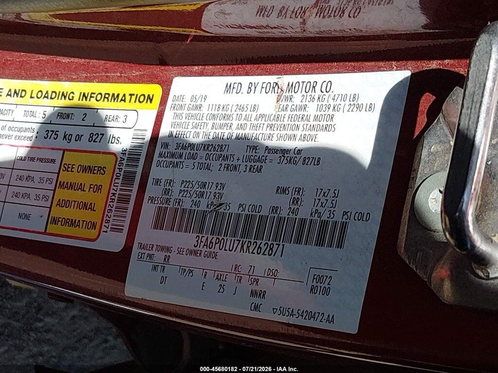 3FA6P0LU7KR262871 2019 FORD FUSION HYBRID photo no. 9