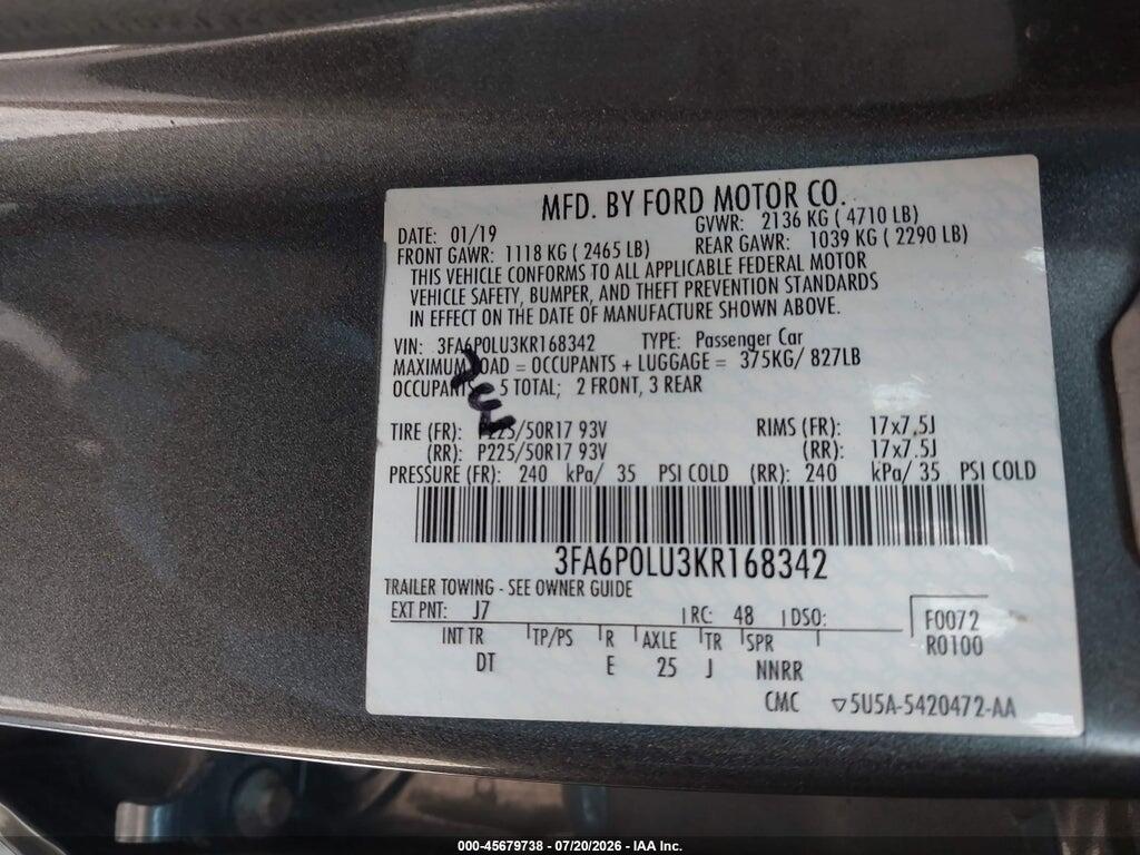 3FA6P0LU3KR168342 2019 FORD FUSION HYBRID photo no. 9