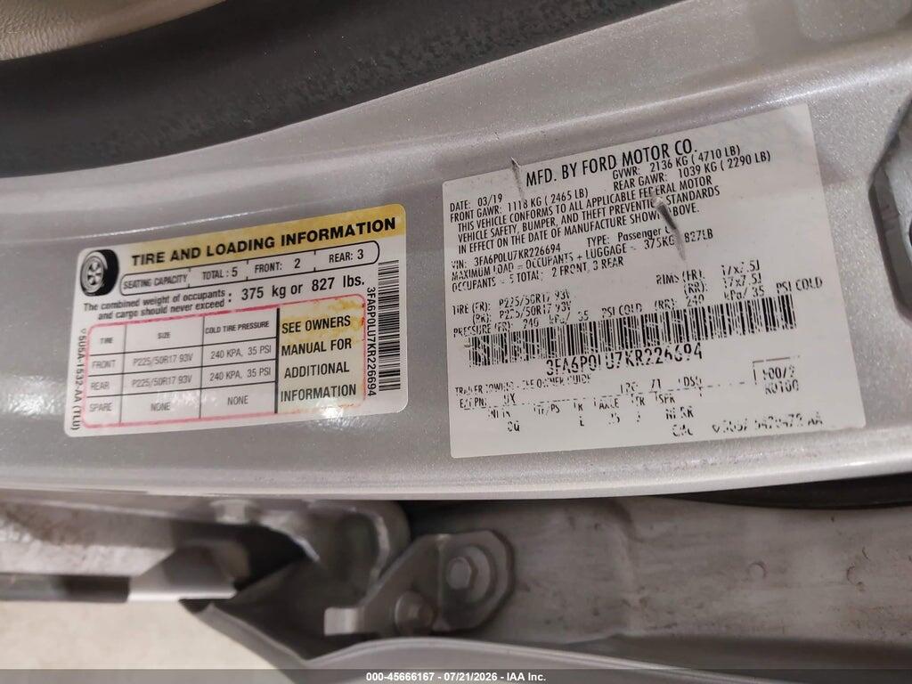 3FA6P0LU7KR226694 2019 FORD FUSION HYBRID photo no. 9