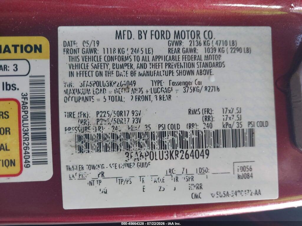 3FA6P0LU3KR264049 2019 FORD FUSION HYBRID photo no. 9