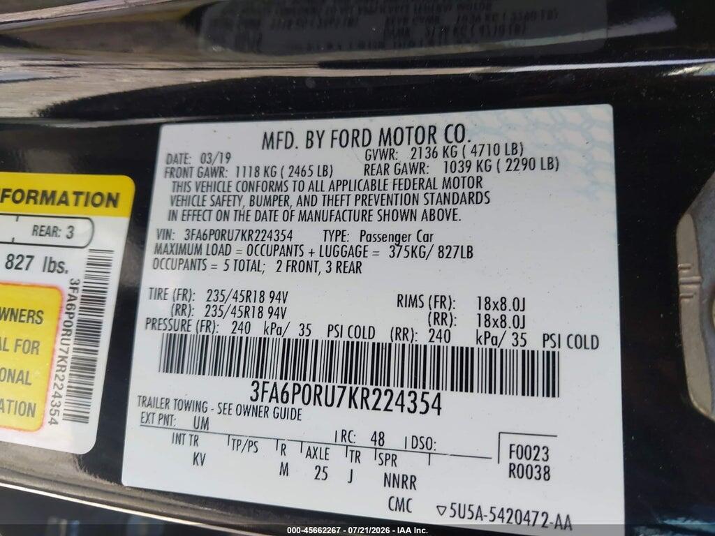 3FA6P0RU7KR224354 2019 FORD FUSION HYBRID photo no. 9