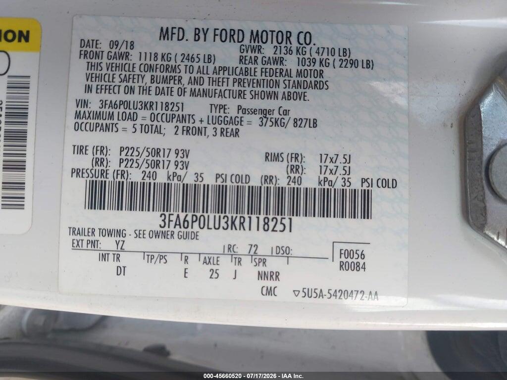 3FA6P0LU3KR118251 2019 FORD FUSION HYBRID photo no. 9