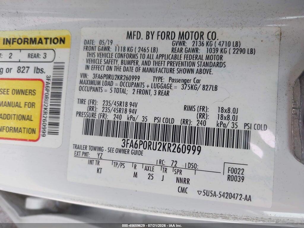 3FA6P0RU2KR260999 2019 FORD FUSION HYBRID photo no. 9