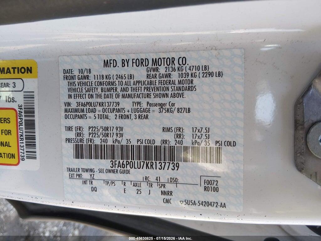 3FA6P0LU7KR137739 2019 FORD FUSION HYBRID photo no. 9