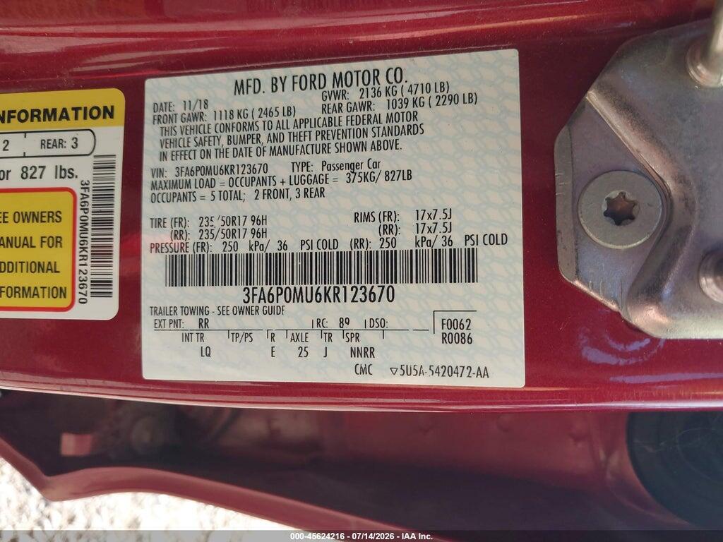 3FA6P0MU6KR123670 2019 FORD FUSION HYBRID photo no. 9