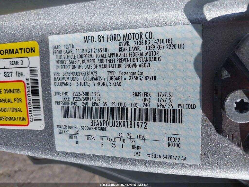 3FA6P0LU2KR181972 2019 FORD FUSION HYBRID photo no. 9