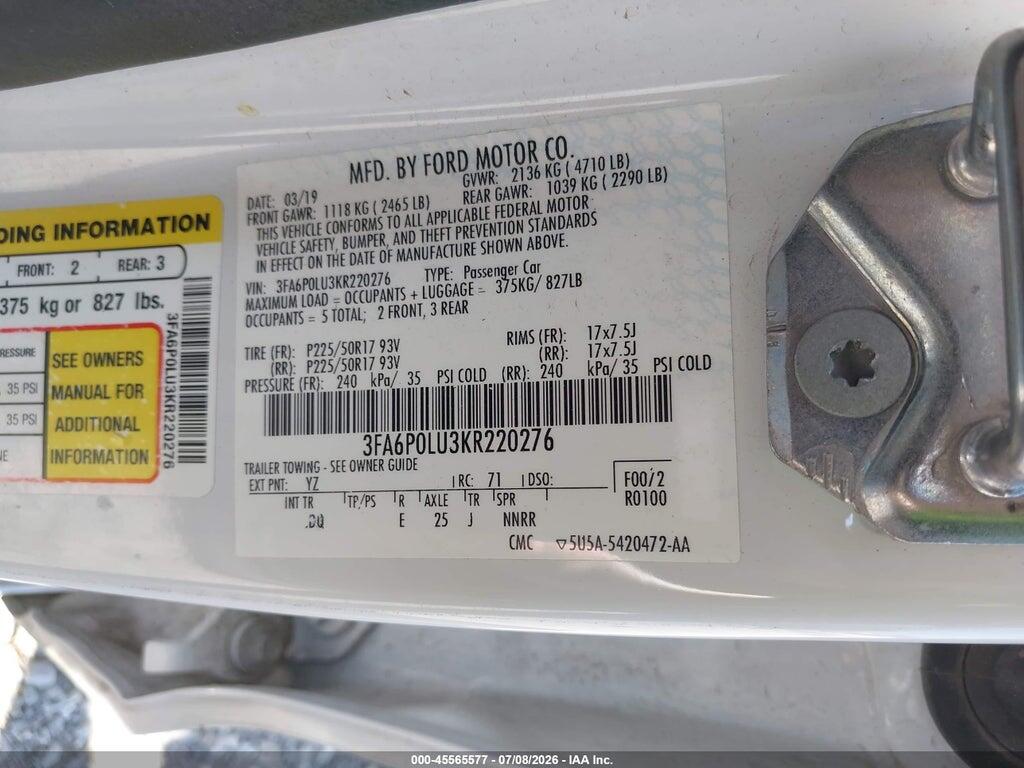 3FA6P0LU3KR220276 2019 FORD FUSION HYBRID photo no. 9