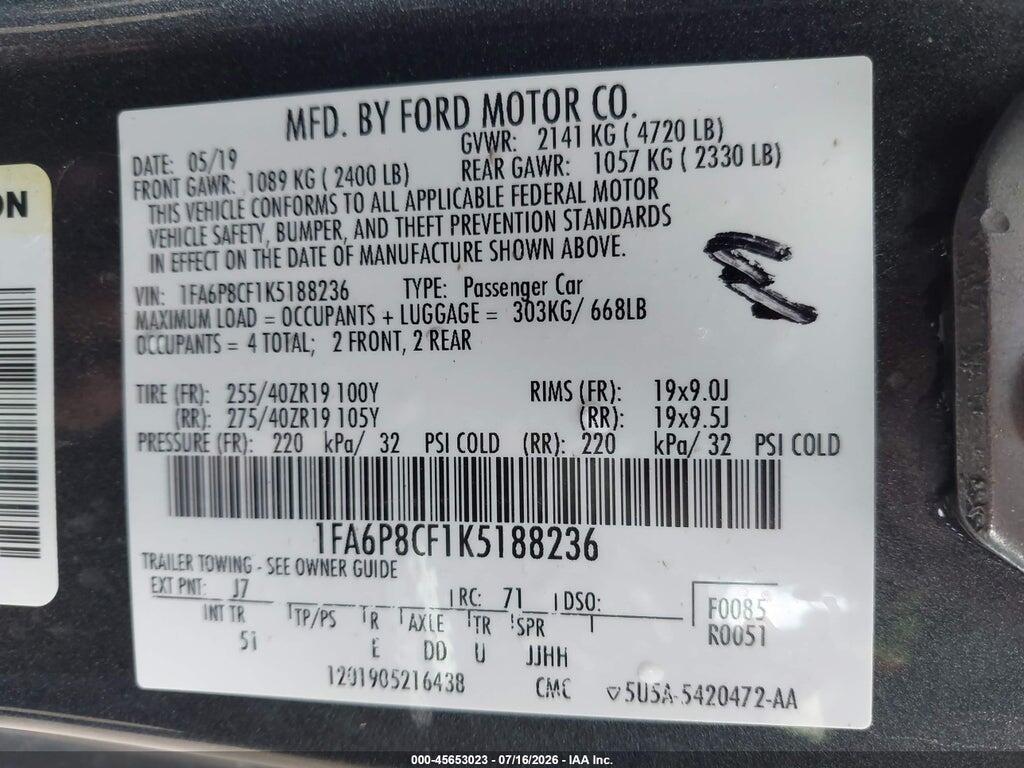 1FA6P8CF1K5188236 2019 FORD MUSTANG photo no. 9