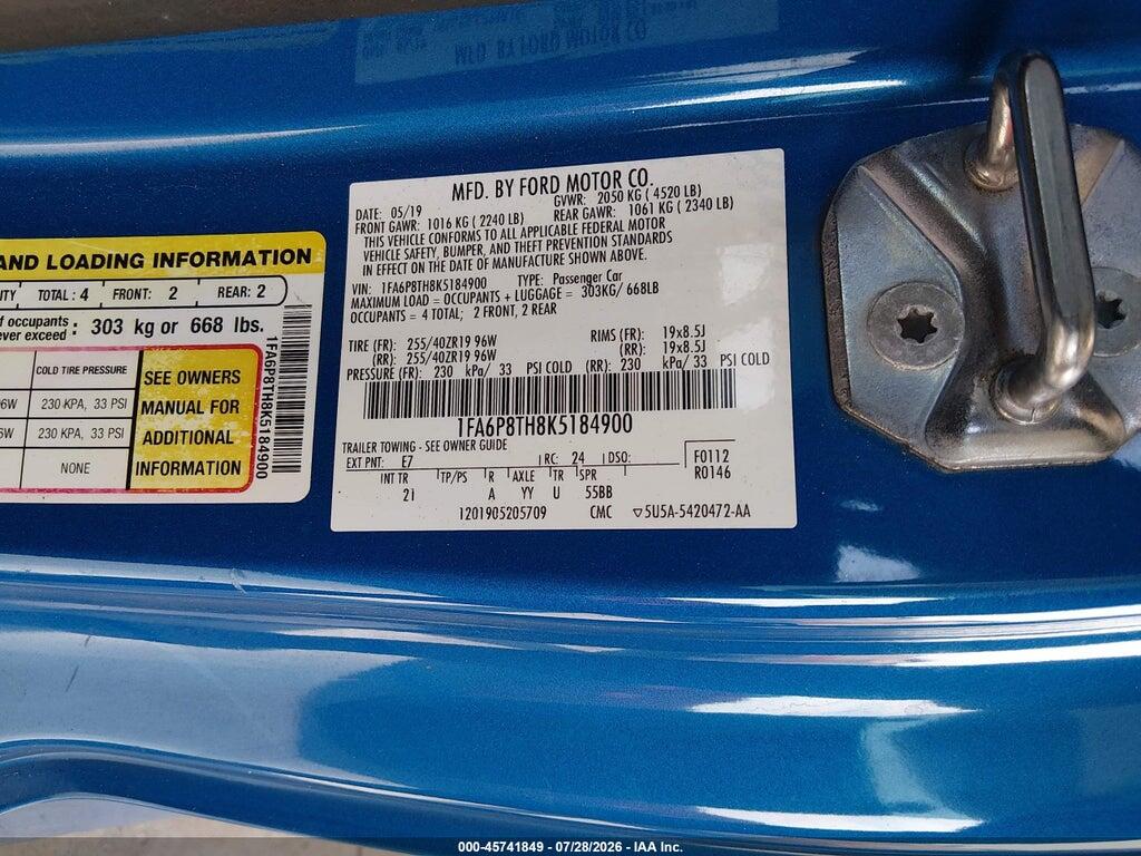 1FA6P8TH8K5184900 2019 FORD MUSTANG photo no. 9