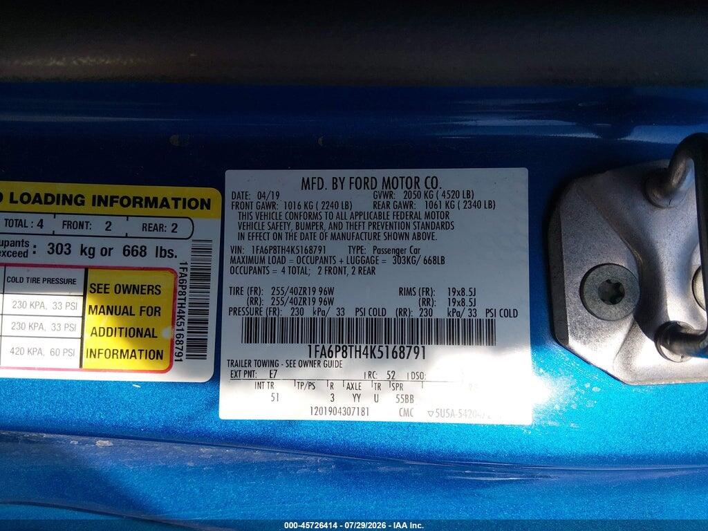 1FA6P8TH4K5168791 2019 FORD MUSTANG photo no. 9