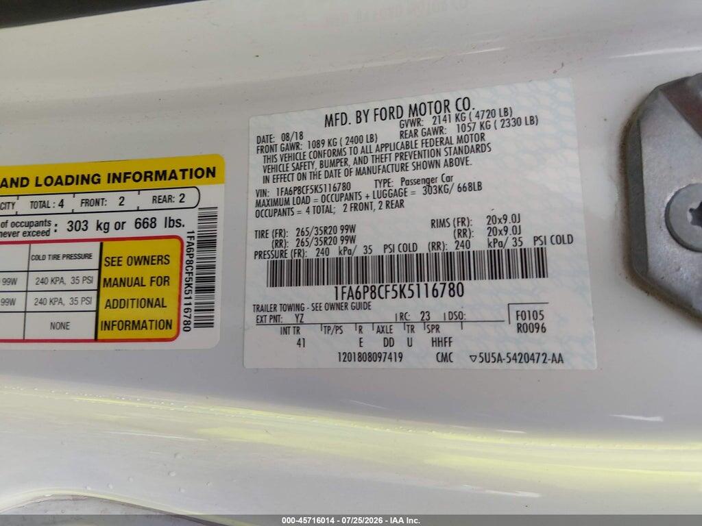 1FA6P8CF5K5116780 2019 FORD MUSTANG photo no. 9