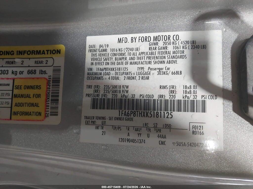 1FA6P8THXK5181125 2019 FORD MUSTANG photo no. 9