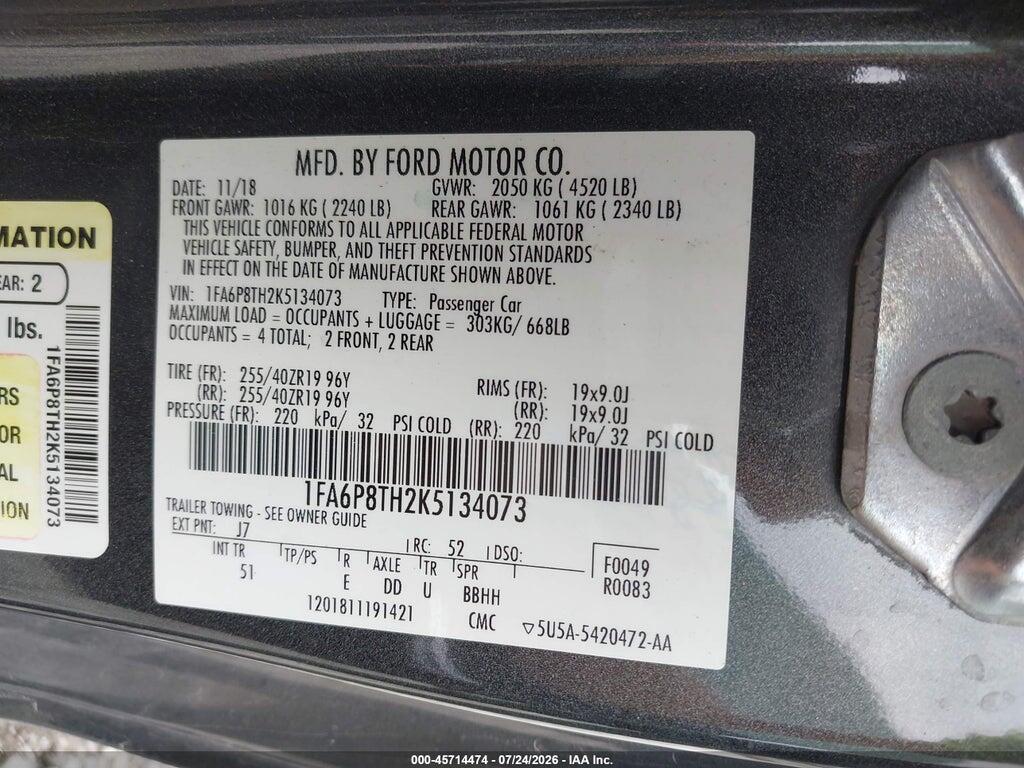 1FA6P8TH2K5134073 2019 FORD MUSTANG photo no. 9