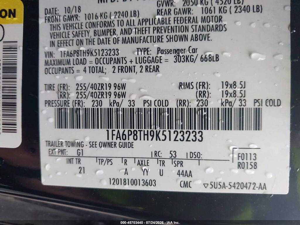 1FA6P8TH9K5123233 2019 FORD MUSTANG photo no. 9