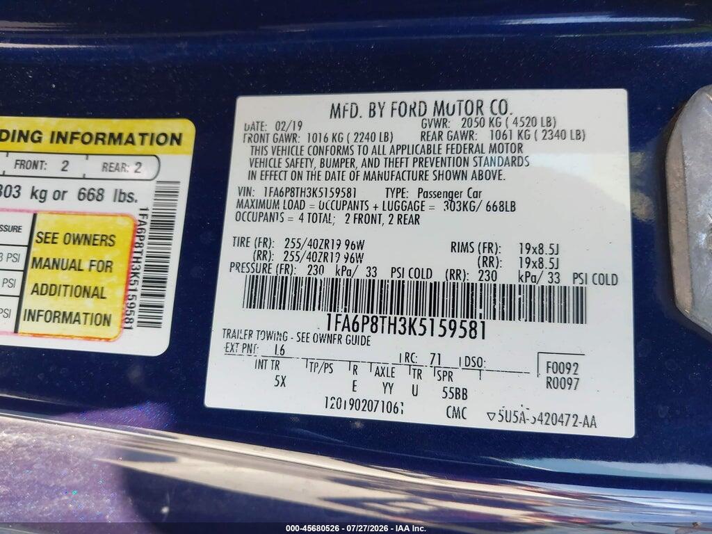 1FA6P8TH3K5159581 2019 FORD MUSTANG photo no. 9