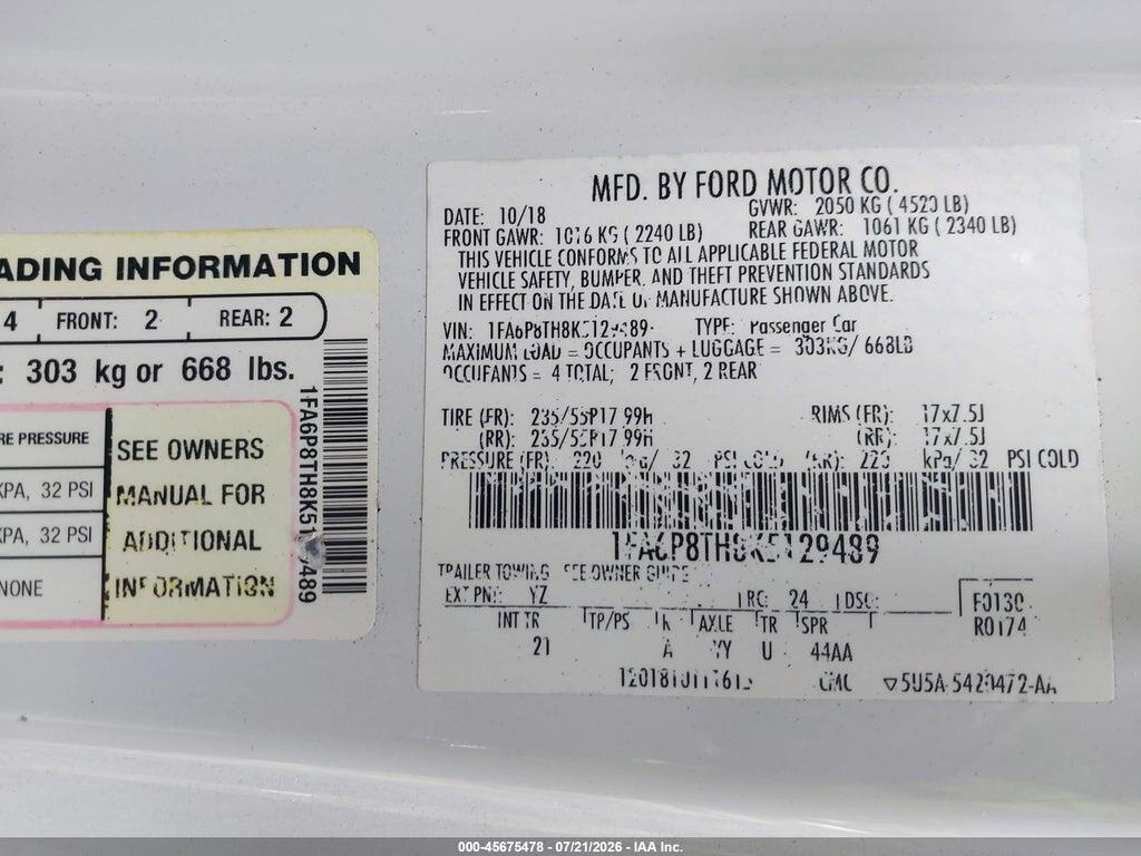 1FA6P8TH8K5129489 2019 FORD MUSTANG photo no. 9