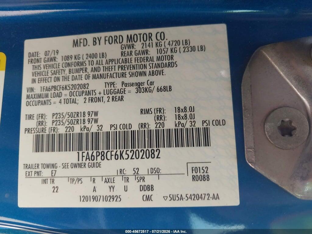1FA6P8CF6K5202082 2019 FORD MUSTANG photo no. 9