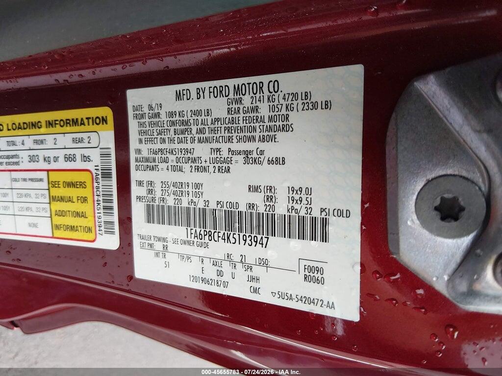 1FA6P8CF4K5193947 2019 FORD MUSTANG photo no. 9