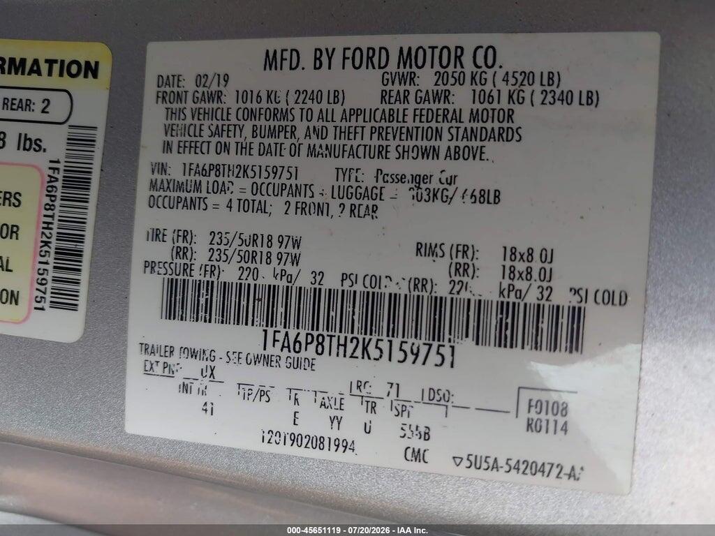 1FA6P8TH2K5159751 2019 FORD MUSTANG photo no. 9