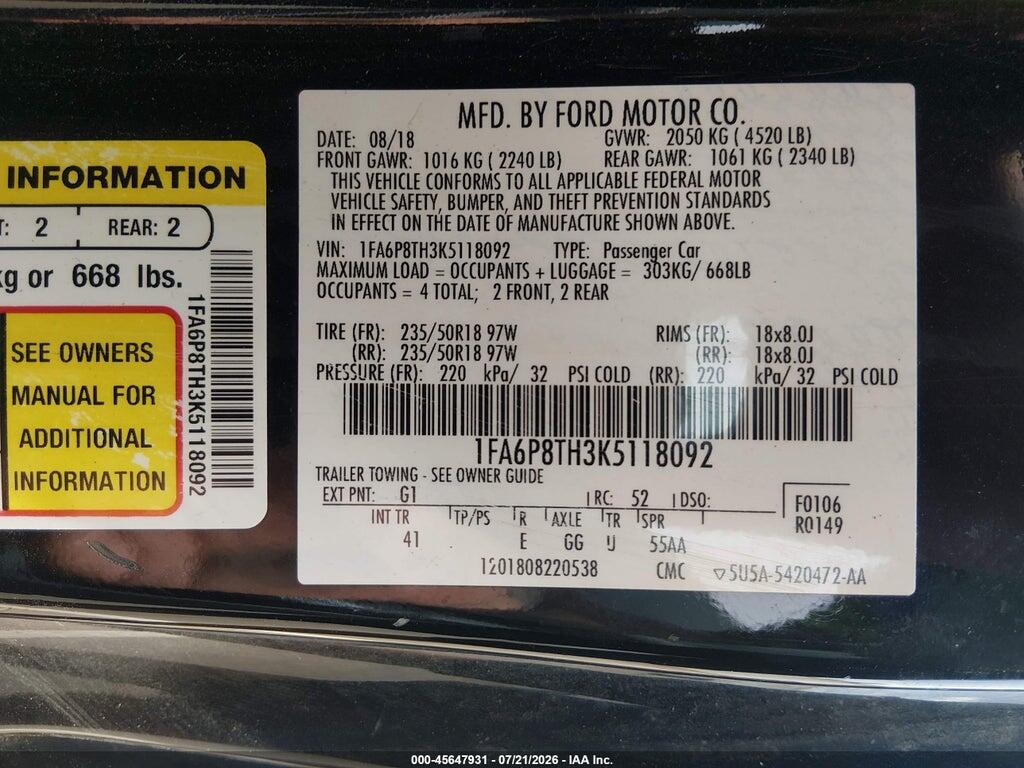 1FA6P8TH3K5118092 2019 FORD MUSTANG photo no. 9