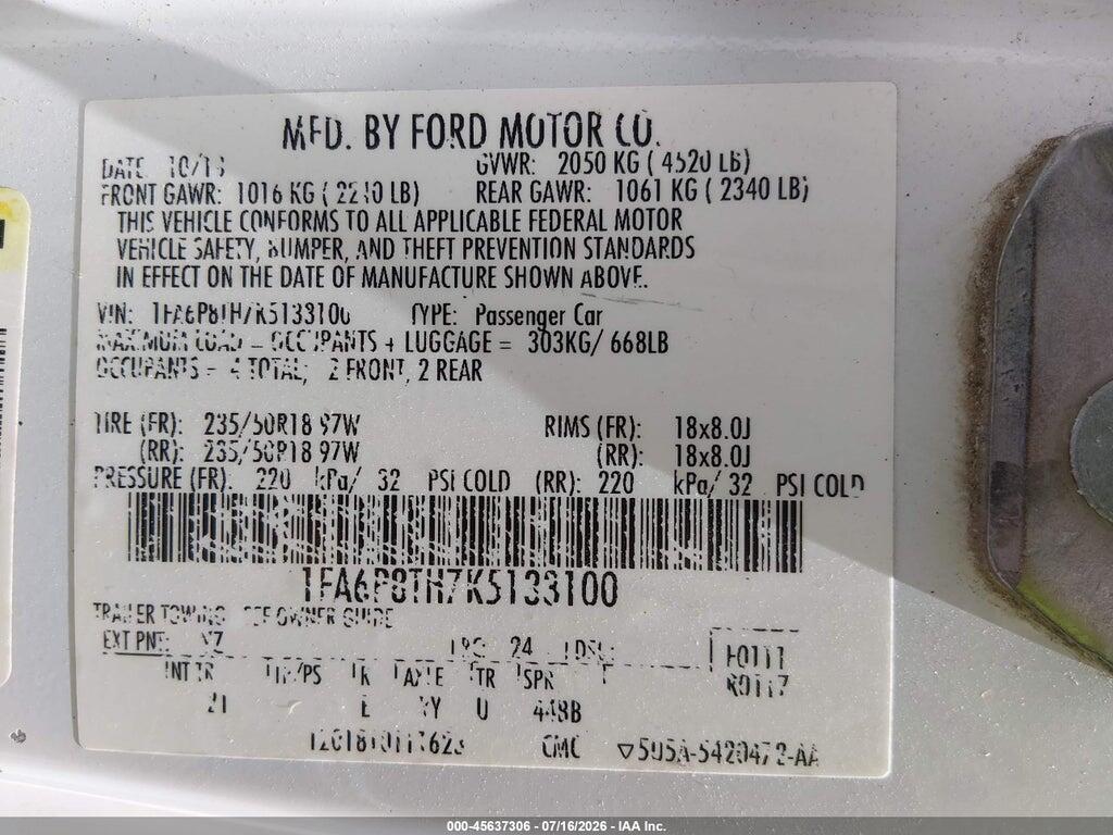 1FA6P8TH7K5133100 2019 FORD MUSTANG photo no. 9