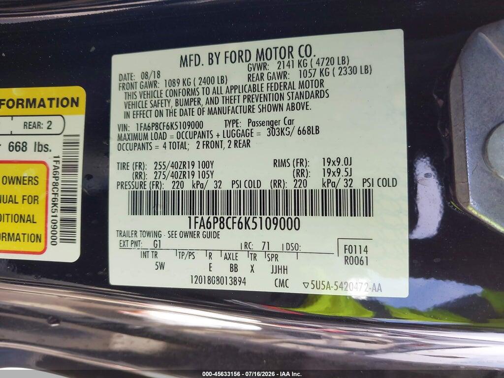 1FA6P8CF6K5109000 2019 FORD MUSTANG photo no. 9