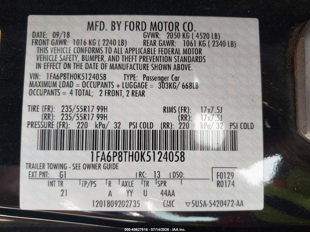 1FA6P8TH0K5124058 2019 FORD MUSTANG photo no. 9