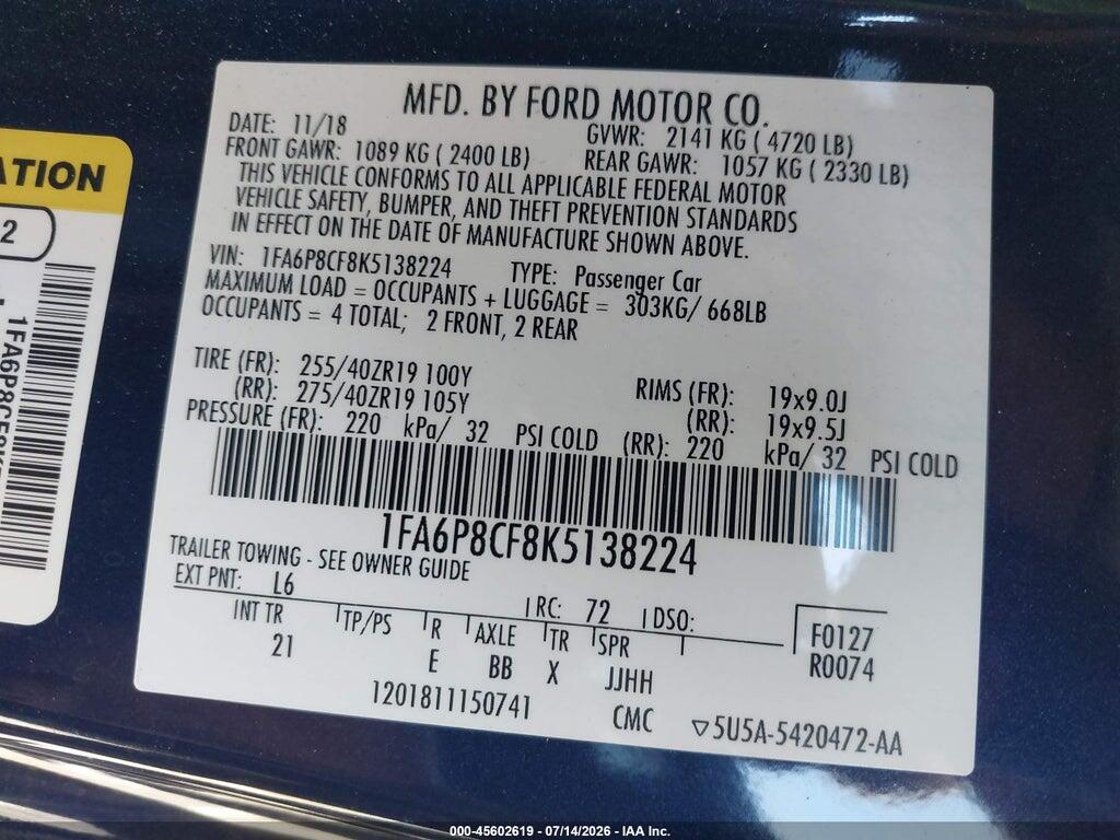 1FA6P8CF8K5138224 2019 FORD MUSTANG photo no. 9