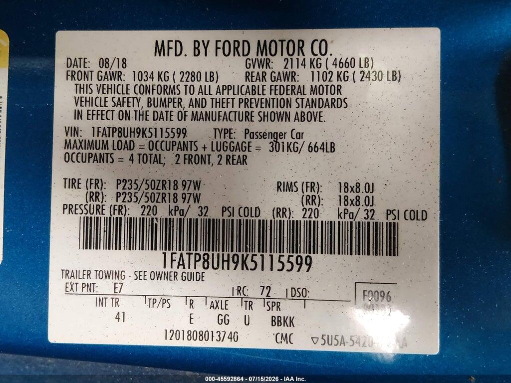 1FATP8UH9K5115599 2019 FORD MUSTANG photo no. 8